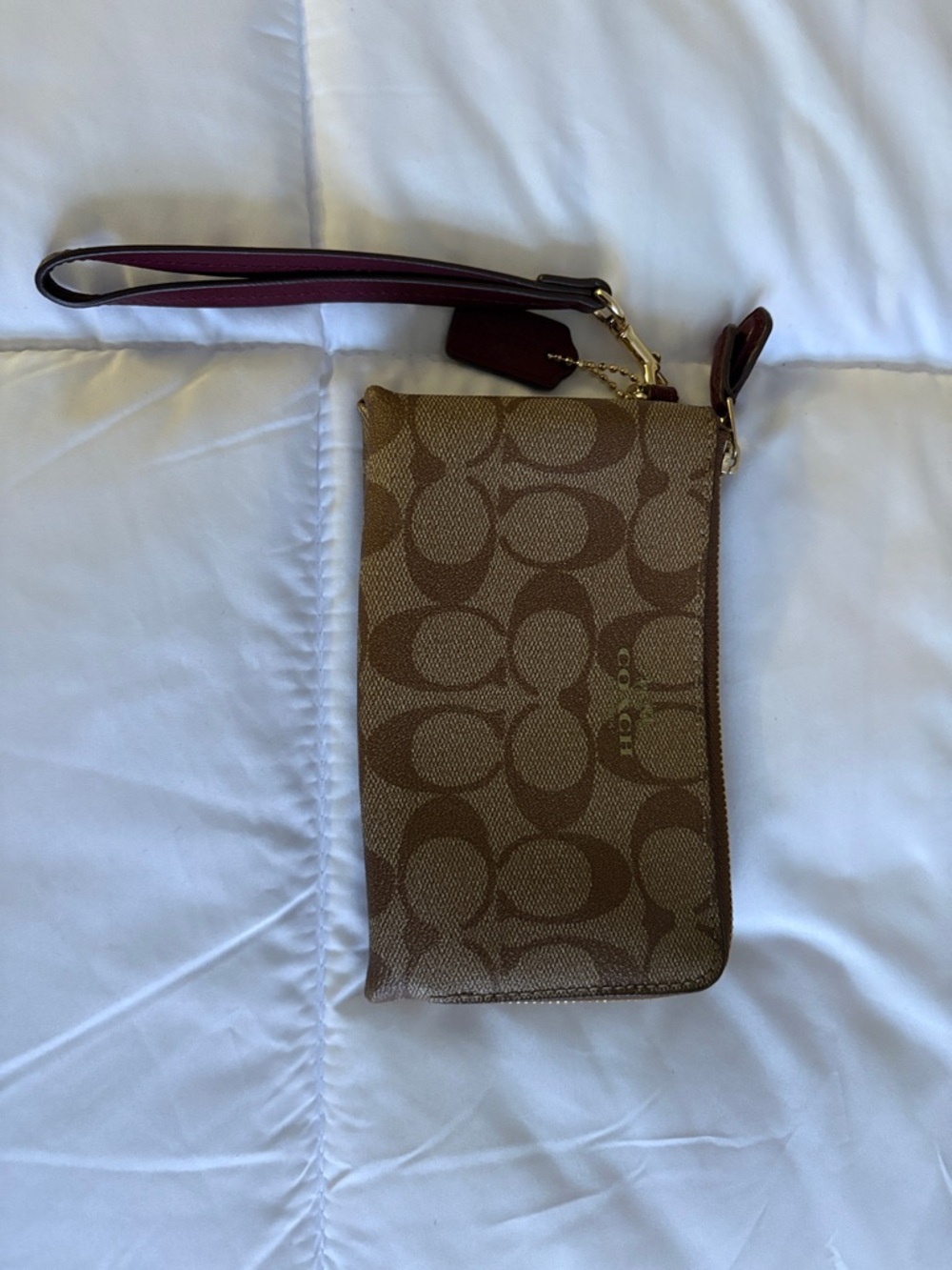 Coach Brown Signature Canvas Wristlet with Burgundy Strap with Dust Cover
